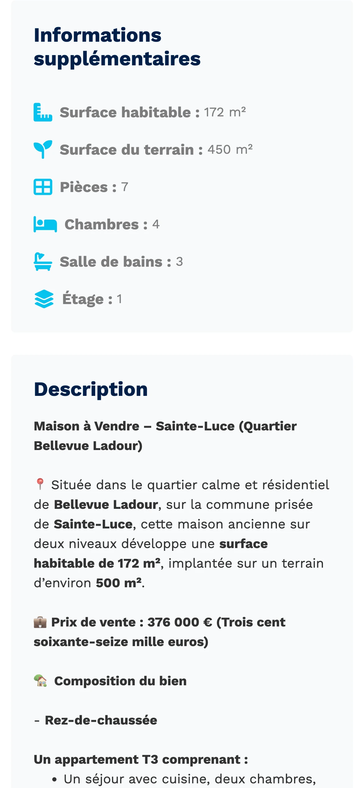 Écran mobile fiche secondaire Bonnes Affaires Immo