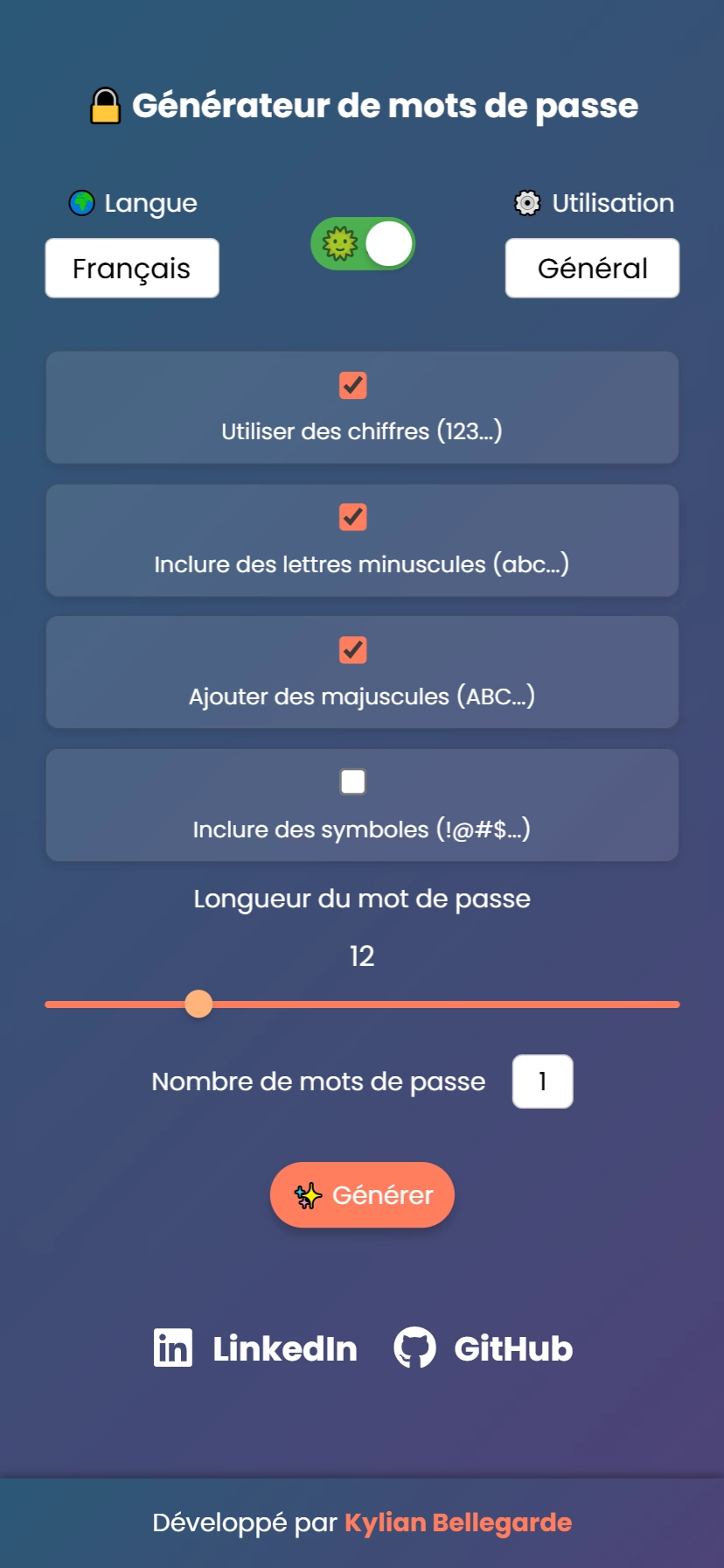 Version mobile sombre du générateur de mots de passe