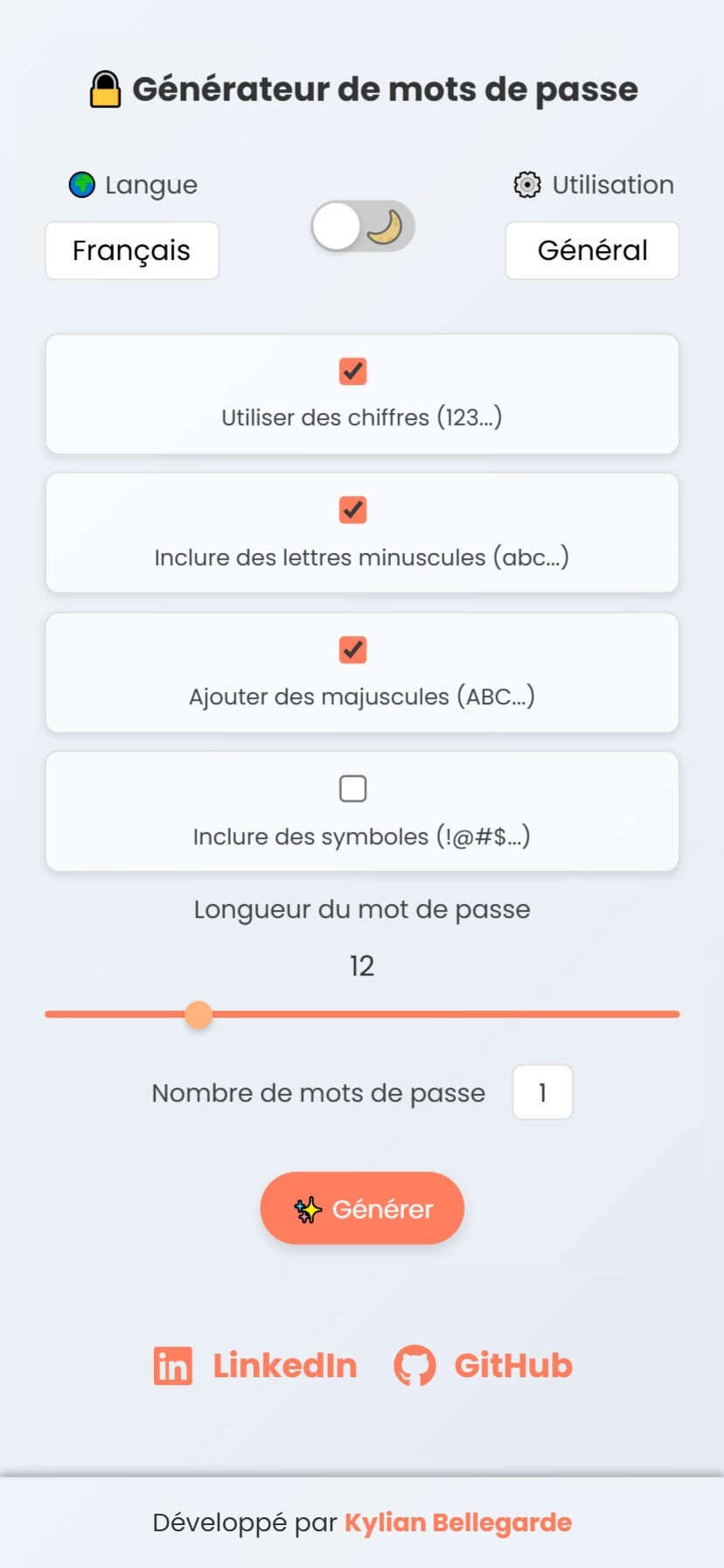Version mobile claire du générateur de mots de passe