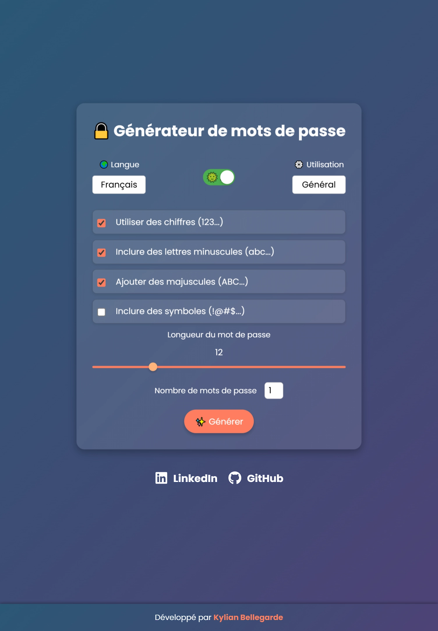 Version tablette sombre du générateur de mots de passe