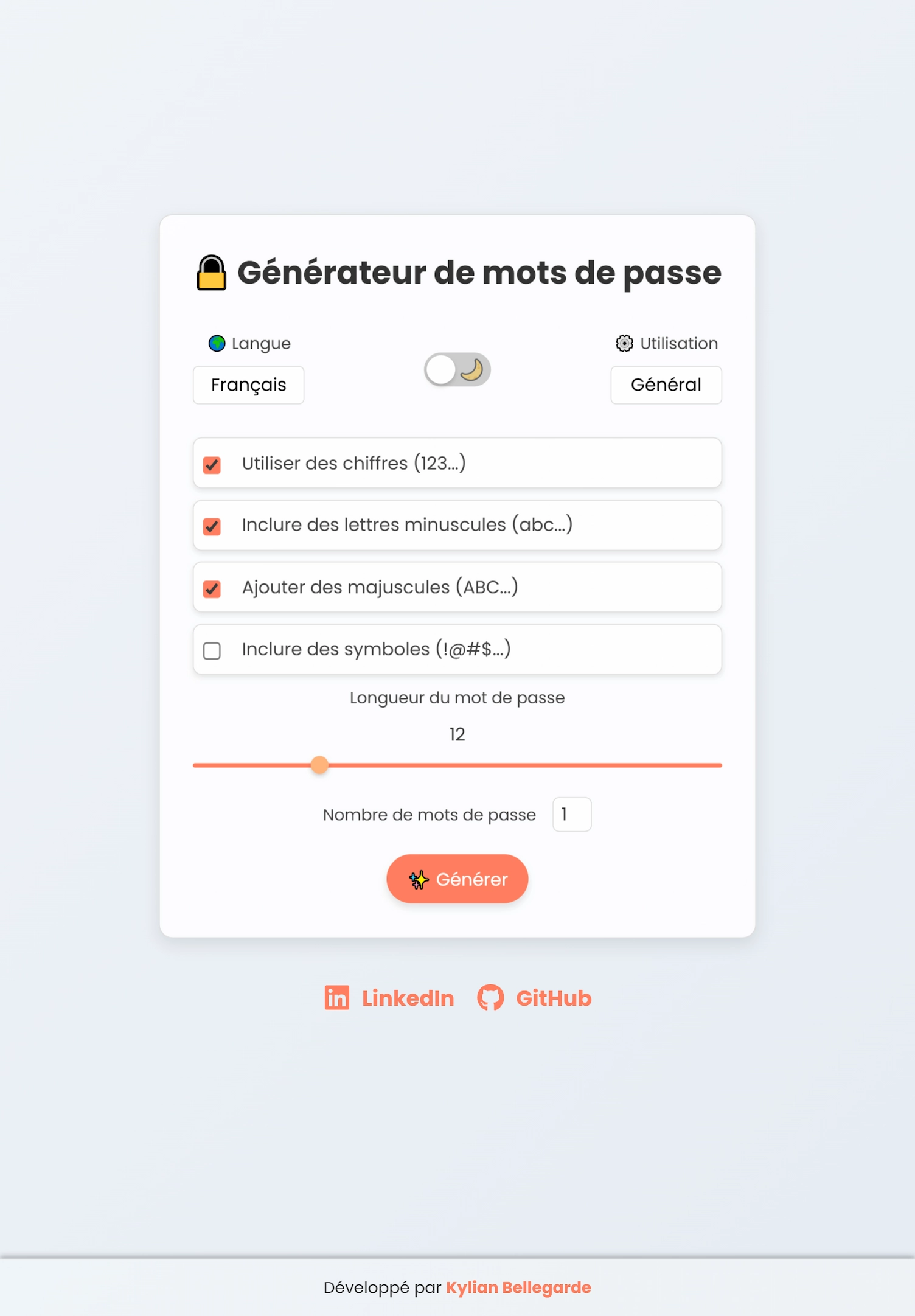 Version tablette claire du générateur de mots de passe